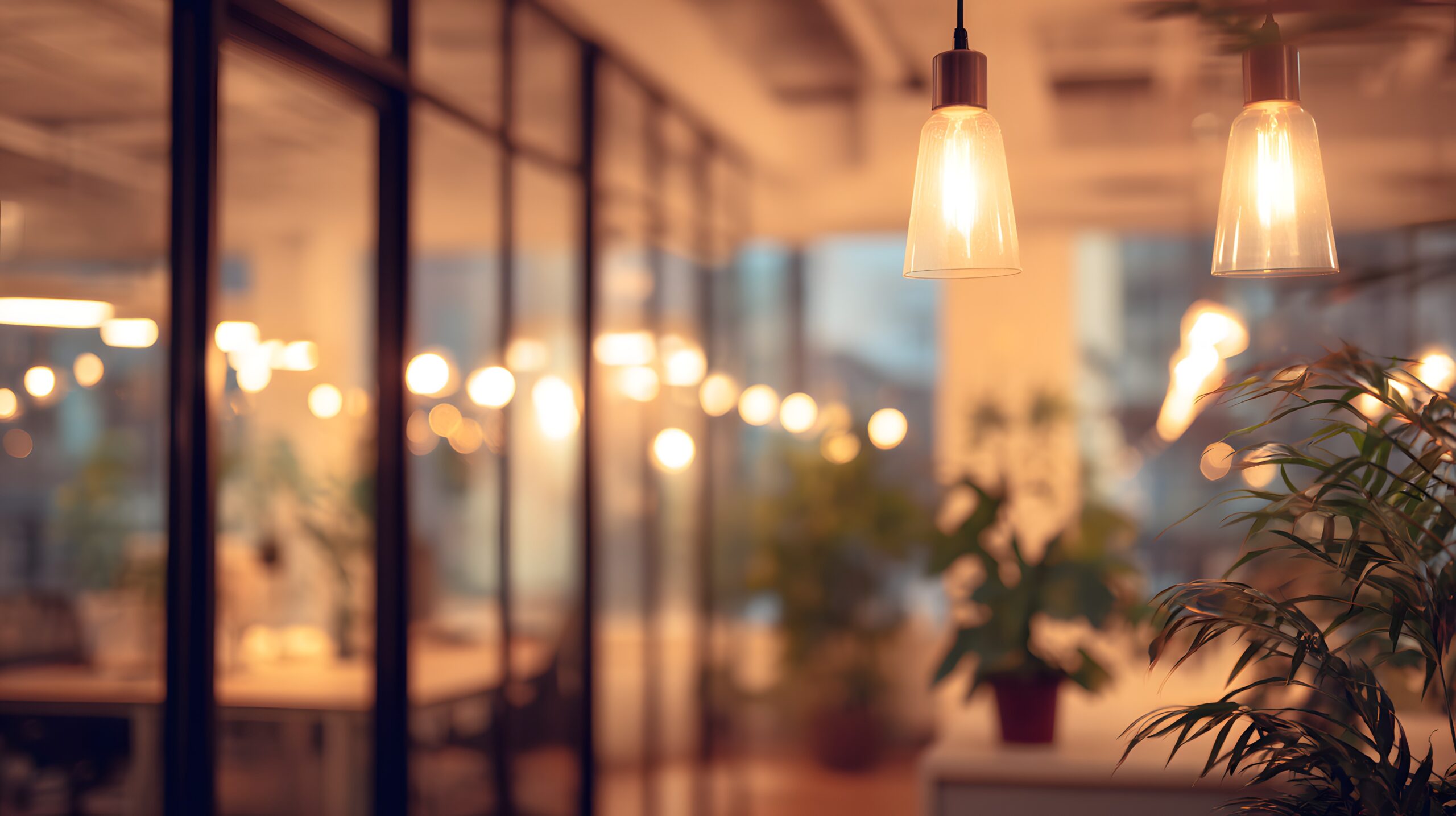 Warm human-scaled lighting environment with plants